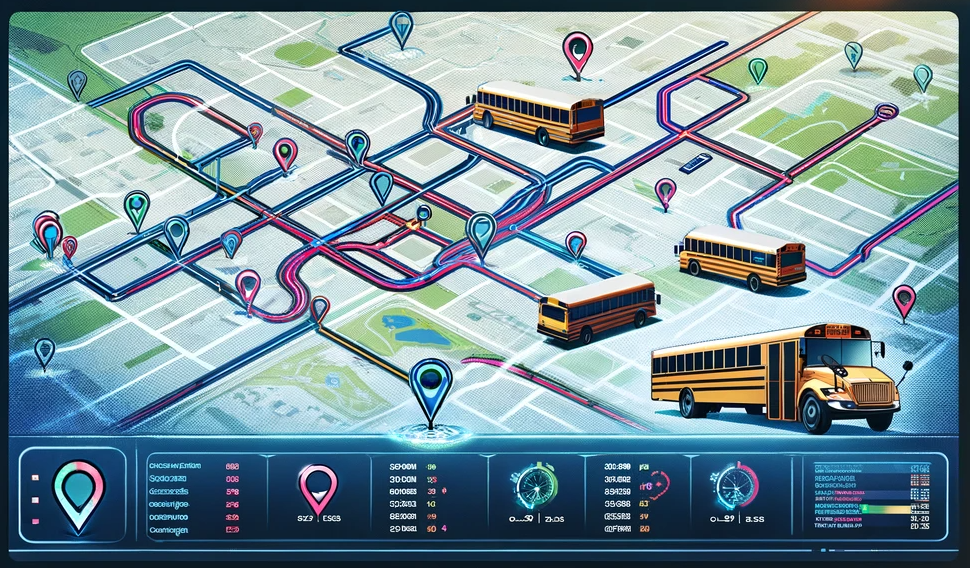 A digital illustration representing the concept of Efficient Routing and GPS Route Scheduling of School Buses Using Software