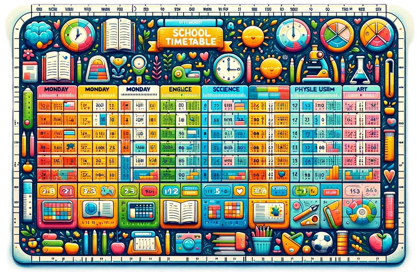 wide-format, colorful school timetable illustration, tailored for elementary students. The timetable displays a clean, horizontal layout with the days of the week from Monday to Friday shown prominently.